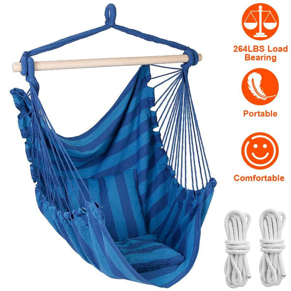 Hammock Hanging Chair Canvas Porch Patio Swing Seat Portable Camping Rope Seat Wooden Stick Hammock Chair w/ 2Pillows 265LBS Load-bearing
