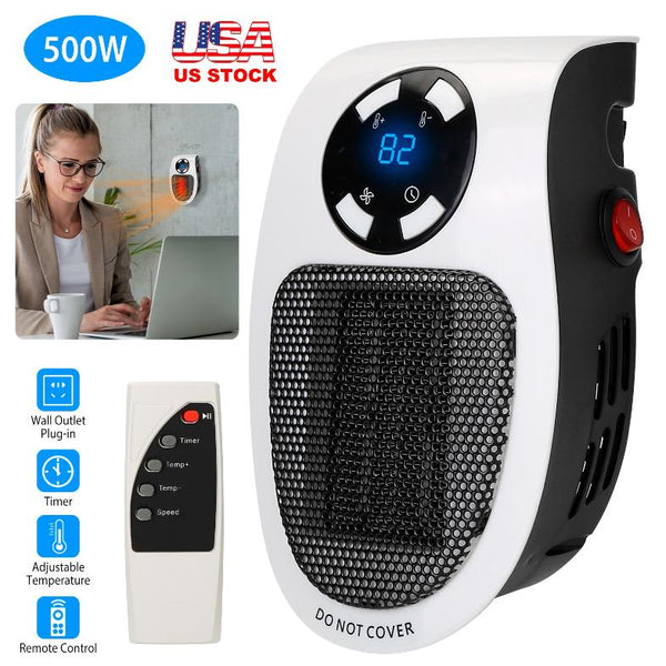 500W Portable Heater Fan Wall Outlet Plug-in Adjustable Temp w/ Remote Control