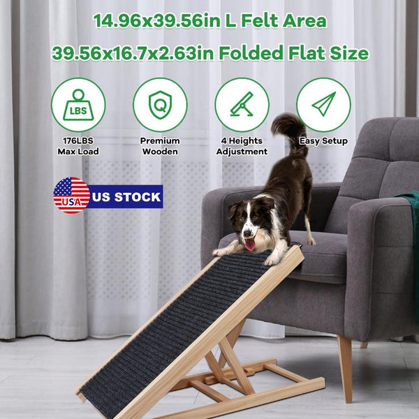 Foldable Wooden Dog Ramp Non Slip  Heights Adjustable Pet Cat Ramp Couch Car SUV