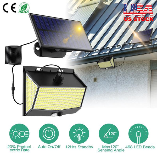 Solar Powered Wall Lights Motion Sensor Outdoor Lamps Separate Solar Panel 468 LED