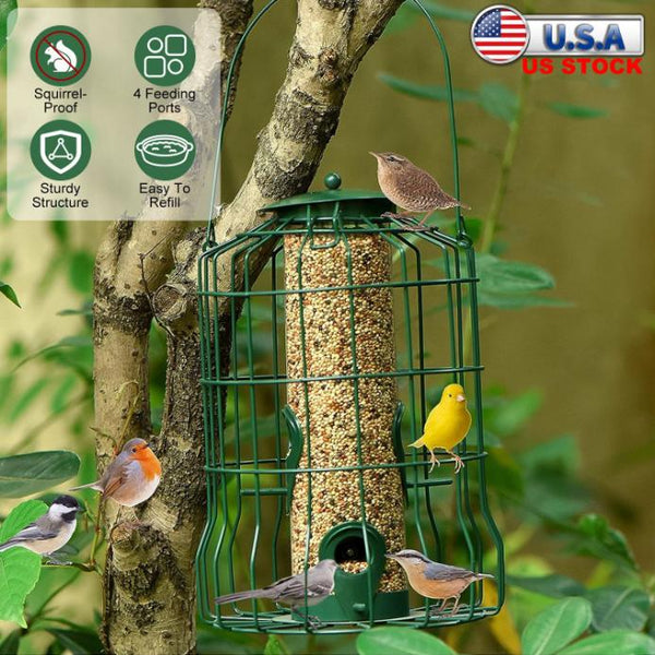 Outdoor Wild Bird Feeder Squirrel-Proof Chew-Proof Metal Hanging Seed 4 Ports Small Birds