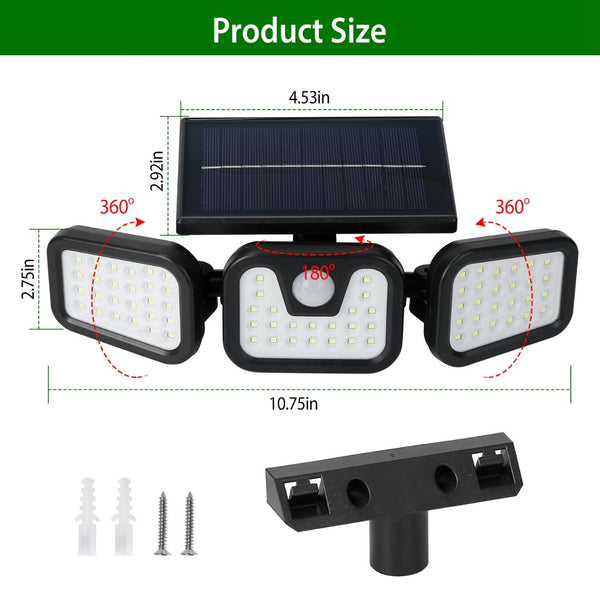 Solar Wall Lamp 74 LEDs 3 Adjustable Head Motion Sensor Flood Lights