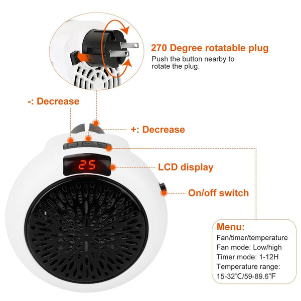 900W Portable Heater Fan Wall Outlet Space Heater Plug-in Adjustable Temp Auto Shut-Off