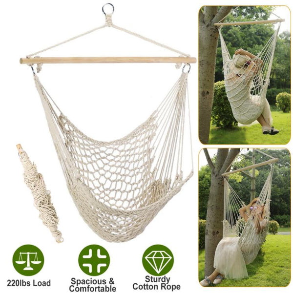 Hammock Chair Hanging Rope Seat Swing w/ Wooden Stick 220lbs Load for Patio Porch