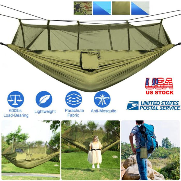 2 Person Hammock w/ Mosquito Net Outdoor Hiking Camping Portable Swing Hanging Bed 600lb Load