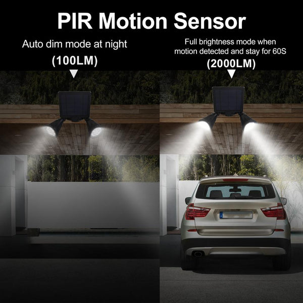 Solar Powered Lights Outdoor Motion Sensor 2000 Lumen Dual Head Spotlights