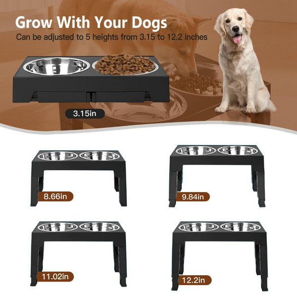 Dog Raised Bowls 5 Adjustable Heights Stainless Steel Elevated Foldable Double Bowl Dog Feeder