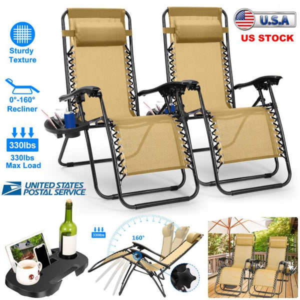 2 Pack Zero Gravity Lounge Chair w/ Dual Side Tray 330lbs Load Foldable Recliner Chair w/ Stress Relief Pillow Patio Poolside Beach Lying Chair