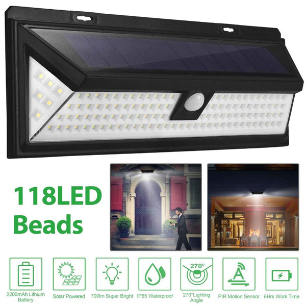 Solar Lights 118 LED Solar Wall Light Outdoor Motion Sensor Lamp 270° Wide Angle