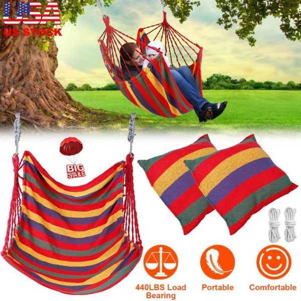 Hammock Hanging Chair Canvas Porch Patio Swing Seat Portable Camping Rope Seat w/ 2Pillows440LBS Limit