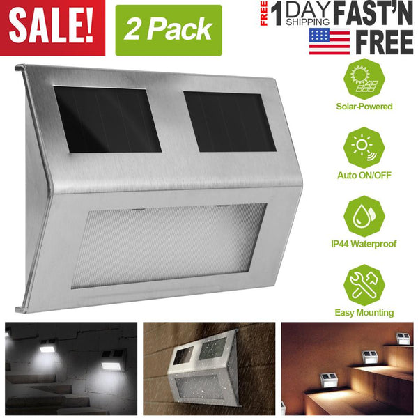 2 Pack Solar Light LED Wall Lamp Stair Step Outdoor Waterproof Security Light Auto On Off