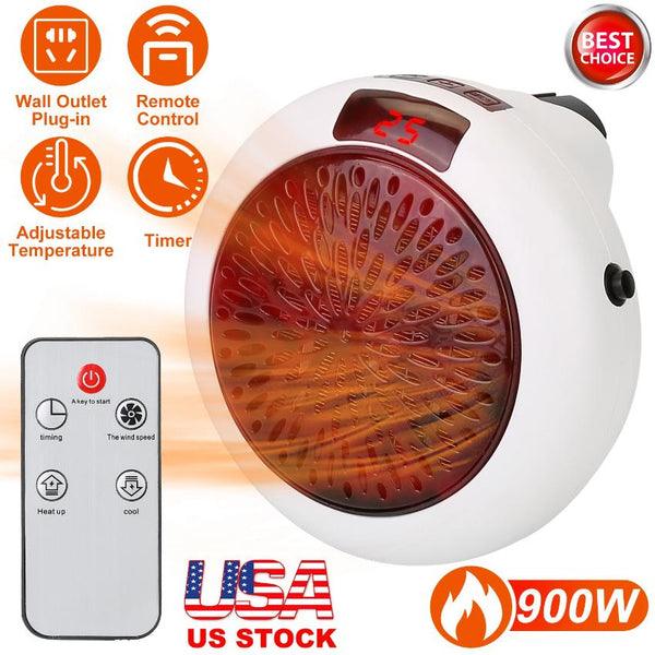 900W Portable Heater Fan Wall Outlet Space Heater Plug-in Adjustable Temp Auto Shut-Off