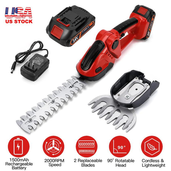 24V Cordless Handheld Grass Shear Hedge Trimmer with 90° Cutting Angle 2Pcs Replaceable Blades Electric Shrub Trimmer Hedge Cutter with Detachable Bat