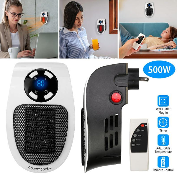 500W Portable Heater Fan Wall Outlet Plug-in Adjustable Temp w/ Remote Control
