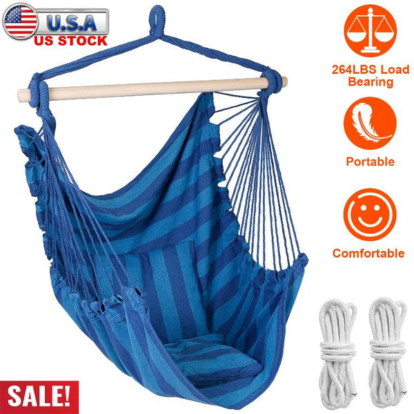 Hammock Hanging Chair Canvas Porch Patio Swing Seat Portable Camping Rope Seat Wooden Stick Hammock Chair w/ 2Pillows 265LBS Load-bearing
