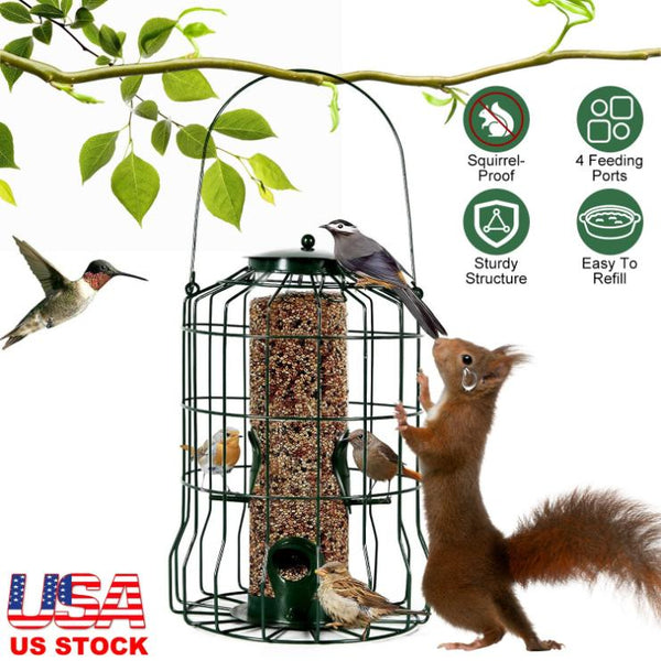 Outdoor Wild Bird Feeder Squirrel-Proof Chew-Proof Metal Hanging Seed 4 Ports Small Birds