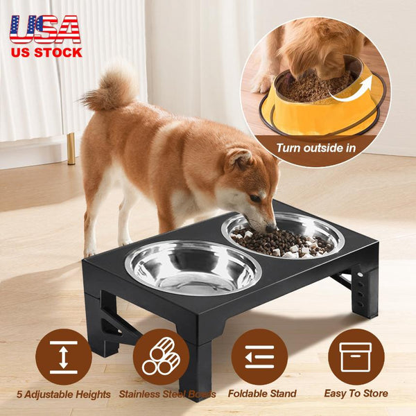 Dog Raised Bowls 5 Adjustable Heights Stainless Steel Elevated Foldable Double Bowl Dog Feeder