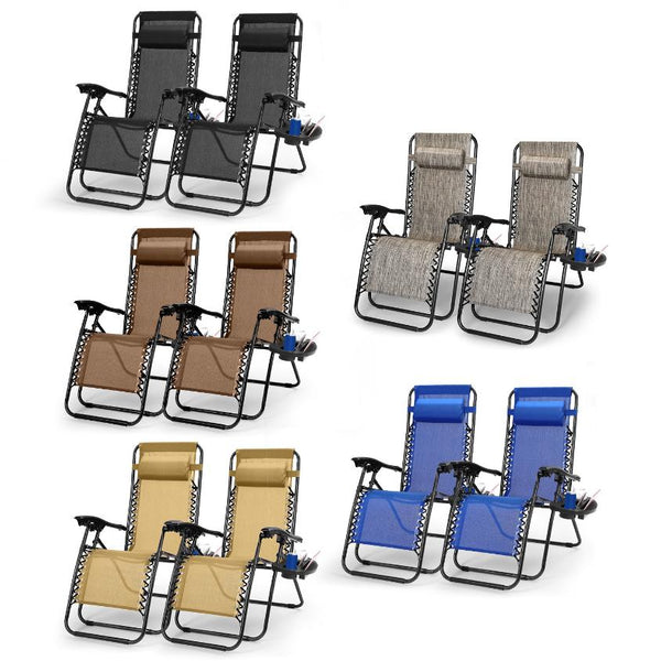 2 Pack Zero Gravity Lounge Chair w/ Dual Side Tray 330lbs Load Foldable Recliner Chair w/ Stress Relief Pillow Patio Poolside Beach Lying Chair