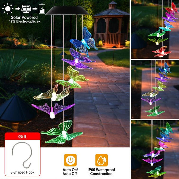 Solar LED Butterfly Wind Chimes Color Changing String Light Patio Garden Decor