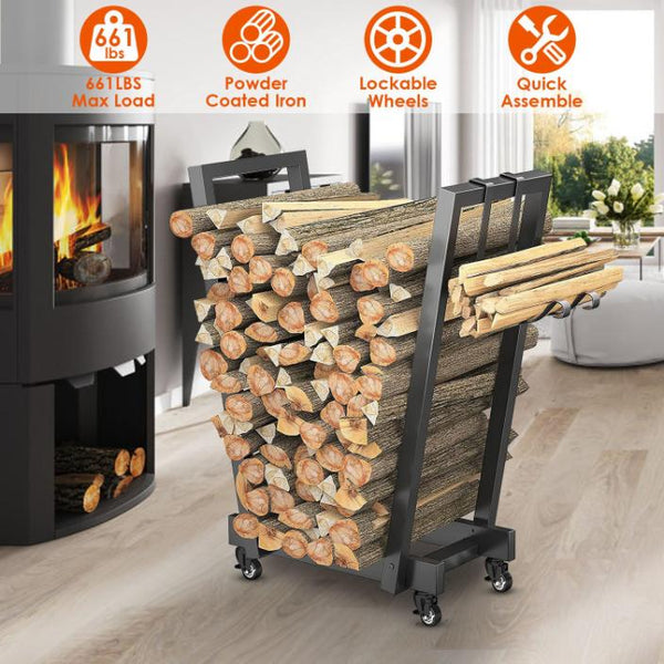 Firewood Log Rack 661LBS Iron Wood Lumber Storage Stacking Rack Holder with Hanging Hooks