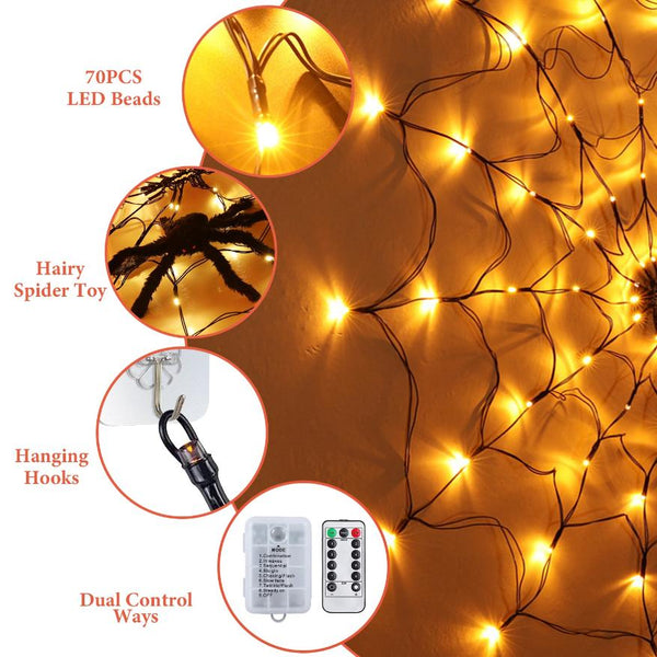 3 FT Spider Web Light Hairy Spider LED Battery Powered Remote Control 8 Lighting Modes
