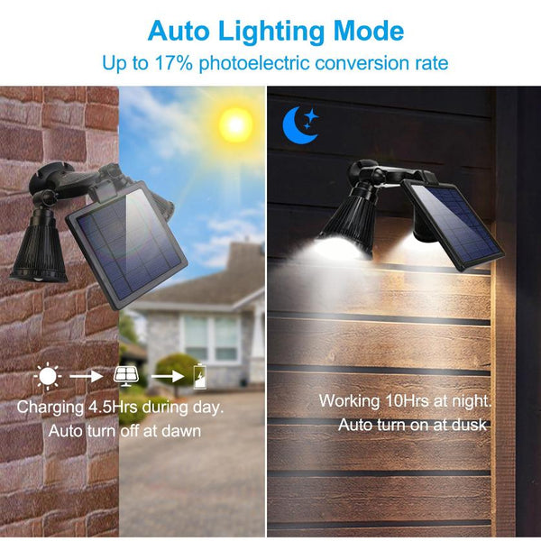 Solar Powered Lights Outdoor Motion Sensor 2000 Lumen Dual Head Spotlights