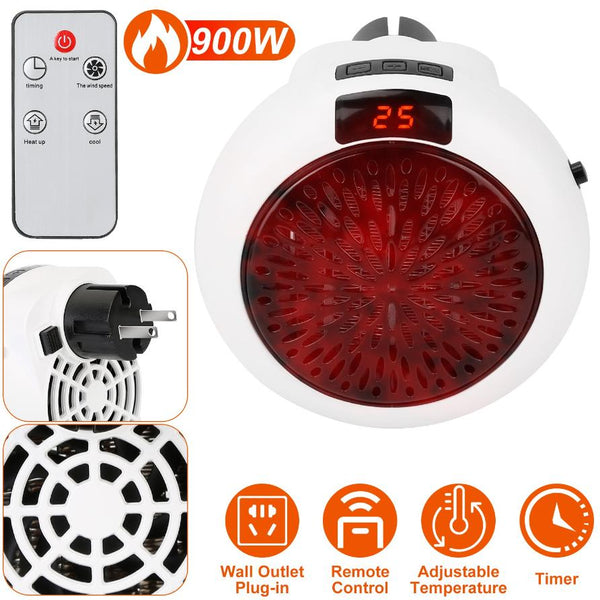 900W Portable Heater Fan Wall Outlet Space Heater Plug-in Adjustable Temp Auto Shut-Off