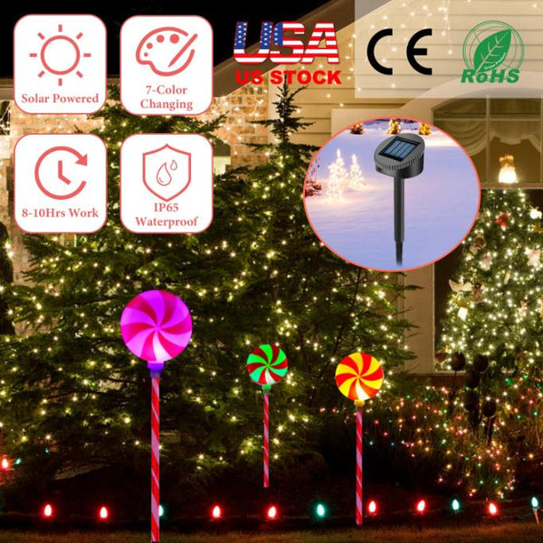 Christmas Candy Lollipops Light Set of 3 Waterproof Stake Solar Lamp for Yard Garden Pathway