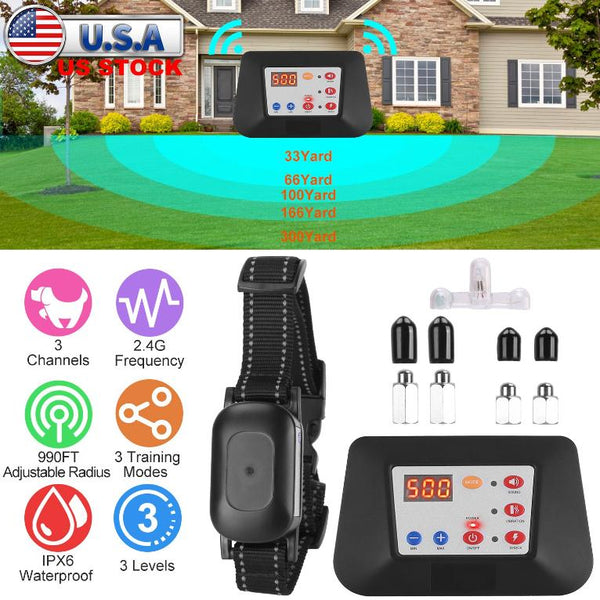 Dog Training Collar Wireless Fence Pet Beep Vibration Electric Shock Fence System 990FT Radius