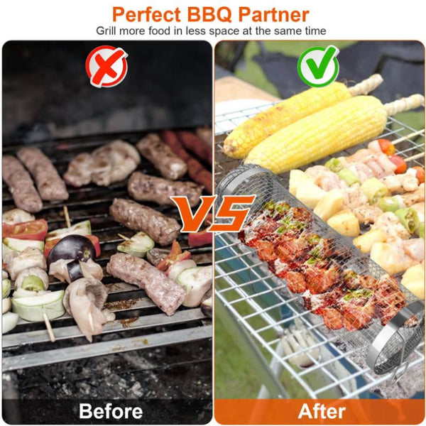 2 Pack BBQ Grill Mesh Rolling Baskets Cylinder Stainless Steel Barbecue Net Tube