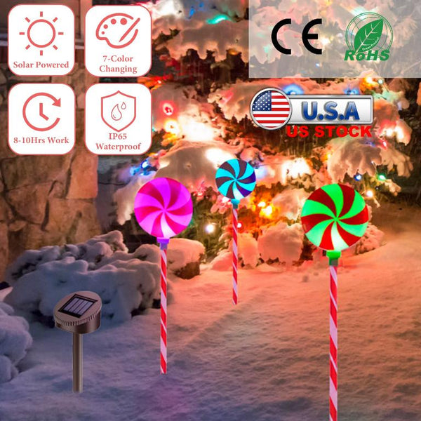 Christmas Candy Lollipops Light Set of 3 Waterproof Stake Solar Lamp for Yard Garden Pathway