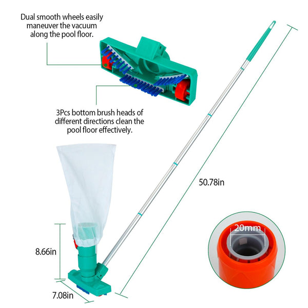Swimming Pool Vacuum Head Brush Cleaner Telescopic Pole Fountain Cleaning Tool w/ Bag