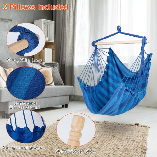 Hammock Hanging Chair Canvas Porch Patio Swing Seat Portable Camping Rope Seat Wooden Stick Hammock Chair w/ 2Pillows 265LBS Load-bearing