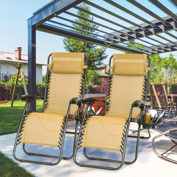 2 Pack Zero Gravity Lounge Chair w/ Dual Side Tray 330lbs Load Foldable Recliner Chair w/ Stress Relief Pillow Patio Poolside Beach Lying Chair