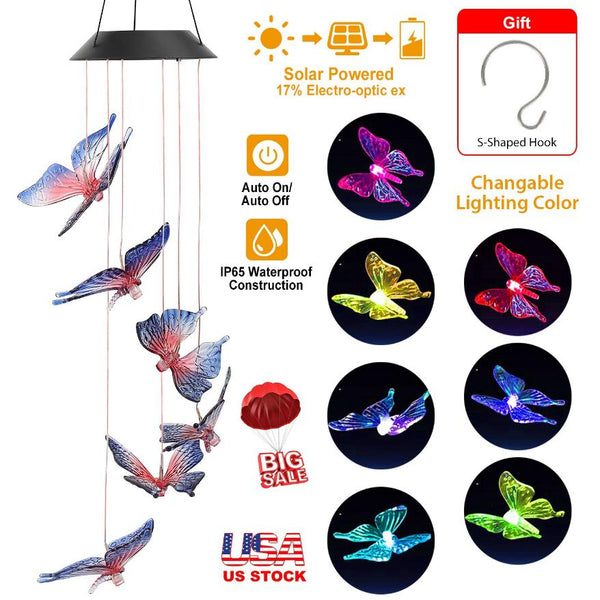 Solar LED Butterfly Wind Chimes Color Changing String Light Patio Garden Decor