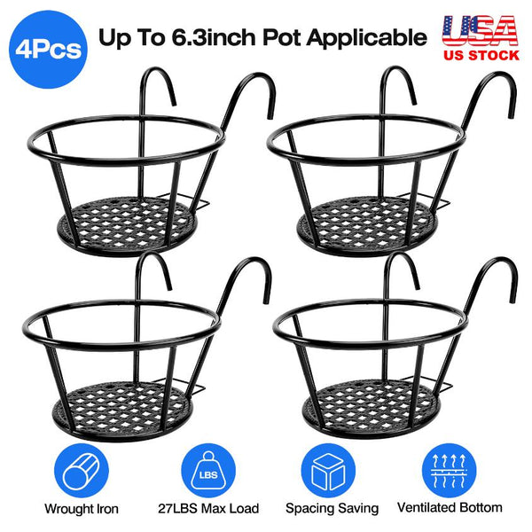 4Pcs Round Hanging Railing Planters Wrought Iron Flower Pot Holder Over The Rail Fence Plant Stand Basket 27LBS Load for Patio Balcony Porch Fence