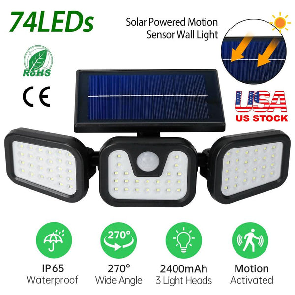 Solar Wall Lamp 74 LEDs 3 Adjustable Head Motion Sensor Flood Lights