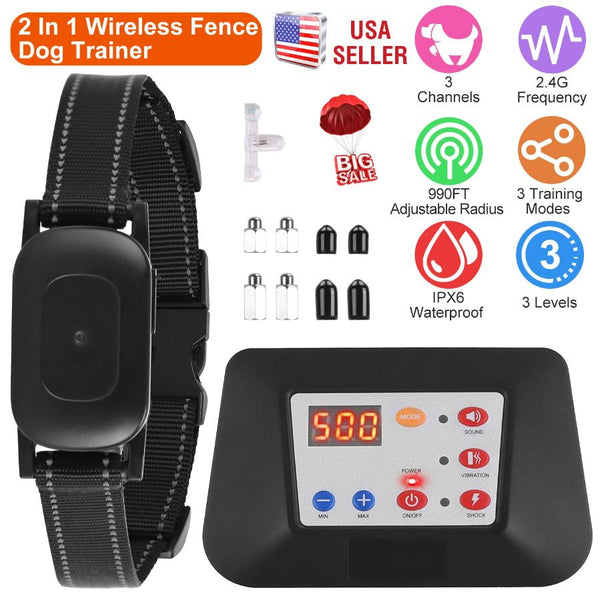 Dog Training Collar Wireless Fence Pet Beep Vibration Electric Shock Fence System 990FT Radius