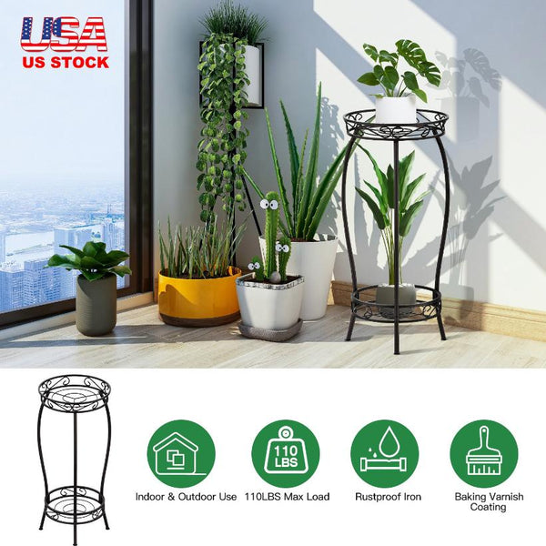 2-Tier Plant Stand Rustproof Iron Plant Rack Holder Indoor Outdoor Flower Pot Display Shelf