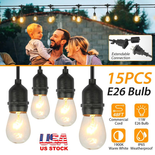 48FT Outdoor String Lights Waterproof Patio Bulbs Commercial Yard Lights Garden Warm