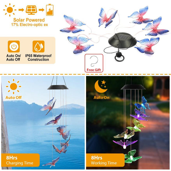 Solar LED Butterfly Wind Chimes Color Changing String Light Patio Garden Decor