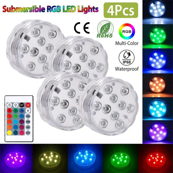 4Pcs Submersible RGB LED Lights Waterproof Underwater Color Changing Remote Control