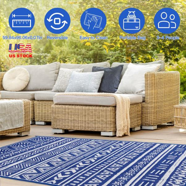 5x8FT Reversible Outdoor Rug Waterproof Mat Carpet Portable Plastic Outdoor Activity for Picnic Patio Deck RV Trip Blue & W