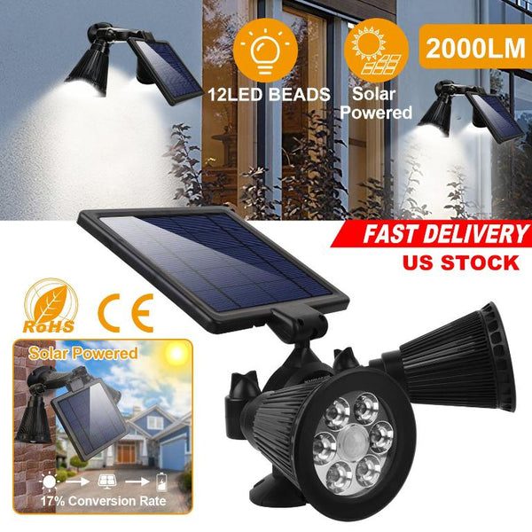 Solar Powered Lights Outdoor Motion Sensor 2000 Lumen Dual Head Spotlights