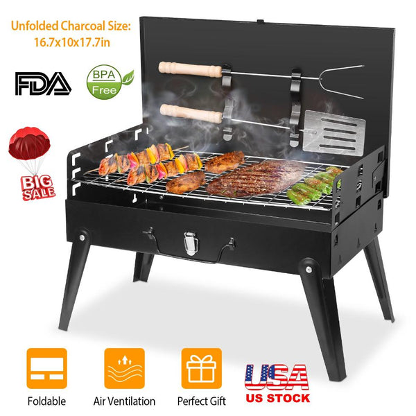 Small Portable Charcoal Grill Foldable BBQ Suitcase Grill Shelf For Outdoor Camping Picnics Garden Grilling