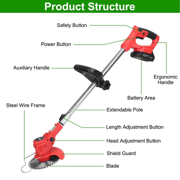 Electric Cordless Grass Trimmer Rechargeable Lawn Mower Weed Cutter with Alloy Saw Blade 2 Alloy Blades 5 Plastic Blades 2 Rechargeable Batteries Gogg