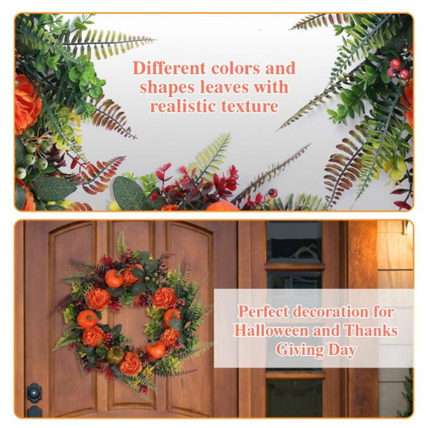Fall Decoration Autumn Wreath with Pumpkin Mixed Leaves Berries Flowers Halloween Thanksgiving