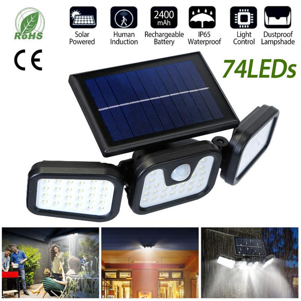 Solar Wall Lamp 74 LEDs 3 Adjustable Head Motion Sensor Flood Lights