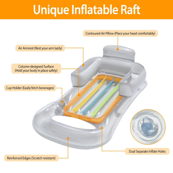 Inflatable Pool Float Raft w/ Headrest Armrest Cupholder Swimming Pool Lounge Air Mat Chair