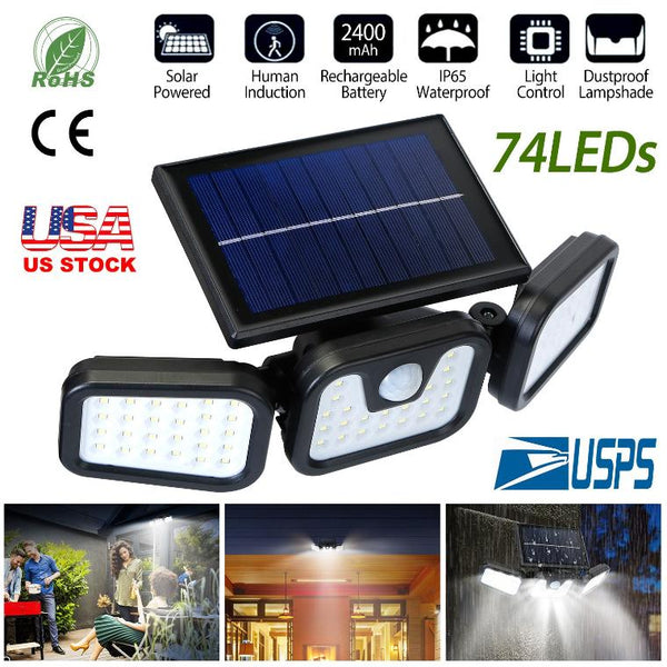 Solar Wall Lamp 74 LEDs 3 Adjustable Head Motion Sensor Flood Lights